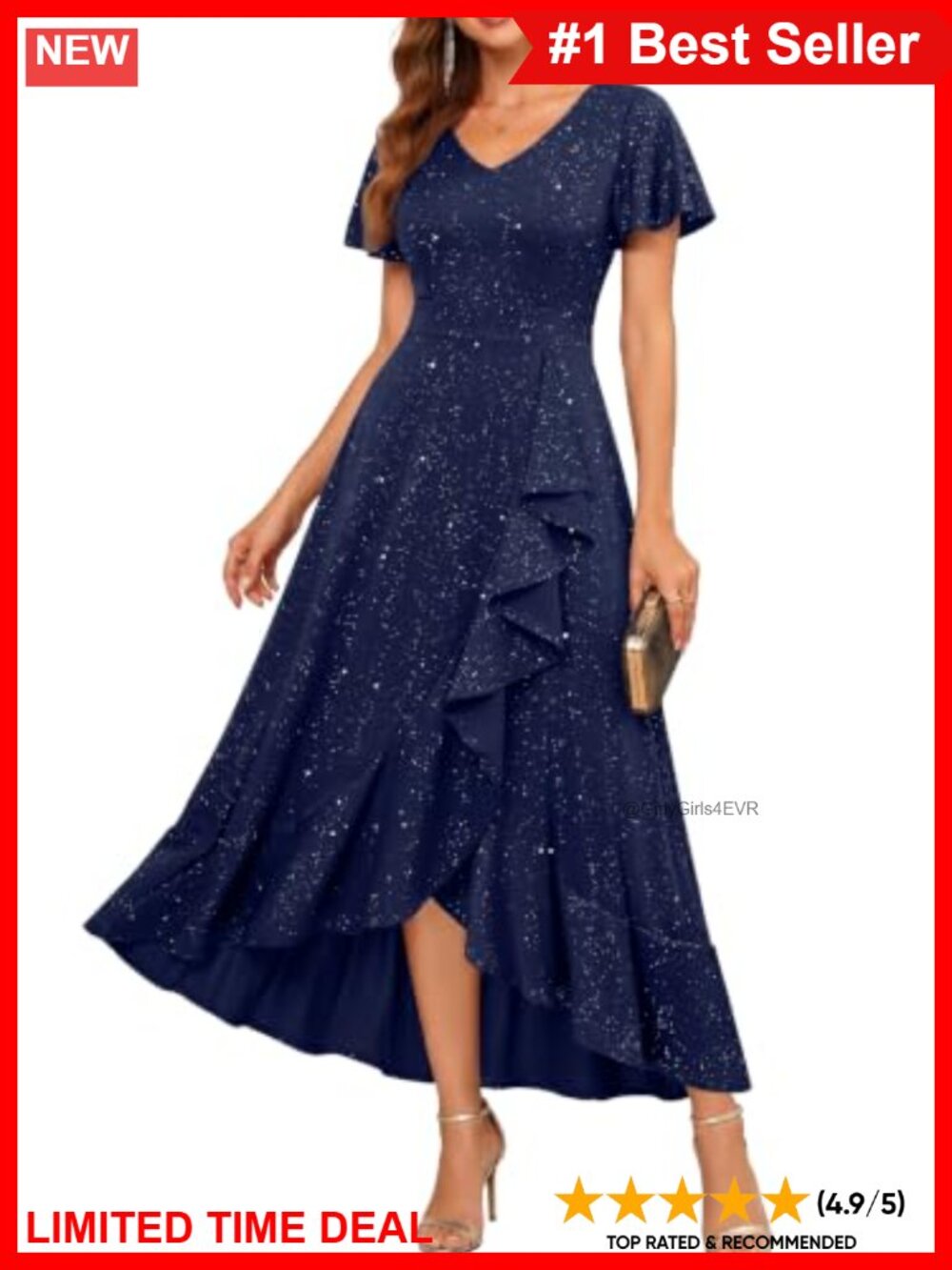 Sequin High Low Evening Cocktail Formal Dress V-Neck Flutter Sleeve